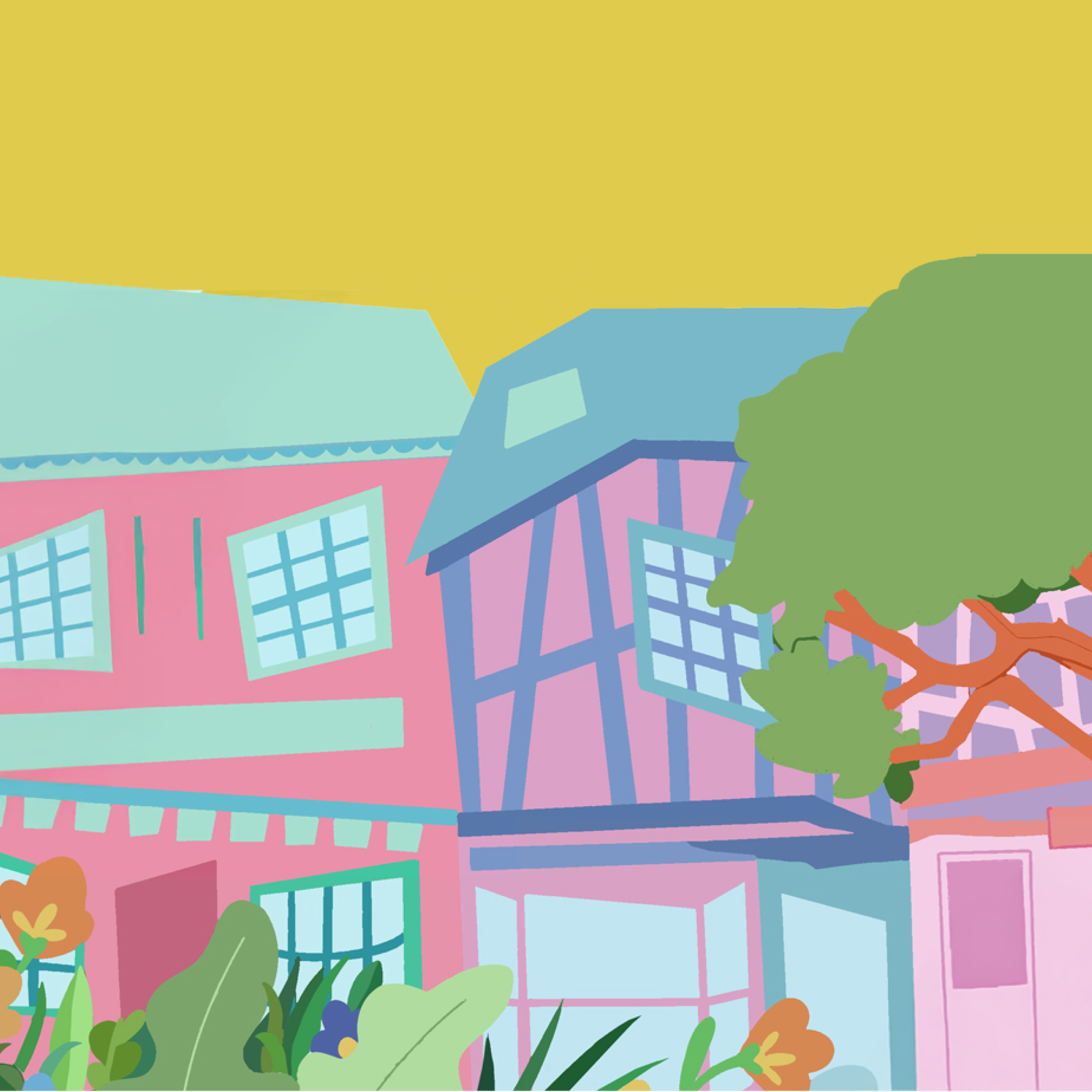 Illustrative artwork of young women on a high street, surrounded by wonky buildings